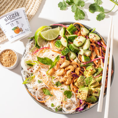 rice noodle salad with carrots and orange ginger skyr vinaigrette