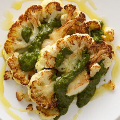 roasted cauliflower steak with pesto sauce